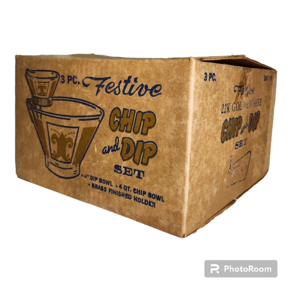 Vintage Anchor Hocking Festive Pattern 22k Gold/White Chip & Dip Set MCM - Picture 9 of 15